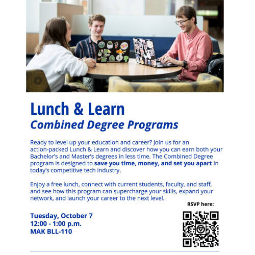 A white background flyer with an image of three students sitting at a table. The flyer is for the Lunch and Learn for Combined Degree Programs being held on Tuesday, October 7 from 12:00 p.m. to 1:00 p.m. in MAK BLL-110. RSVP at gvsu.edu/s/3lQ.